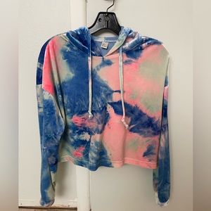Blue and Pink Tie-Dye Cropped Velvet Hoodie